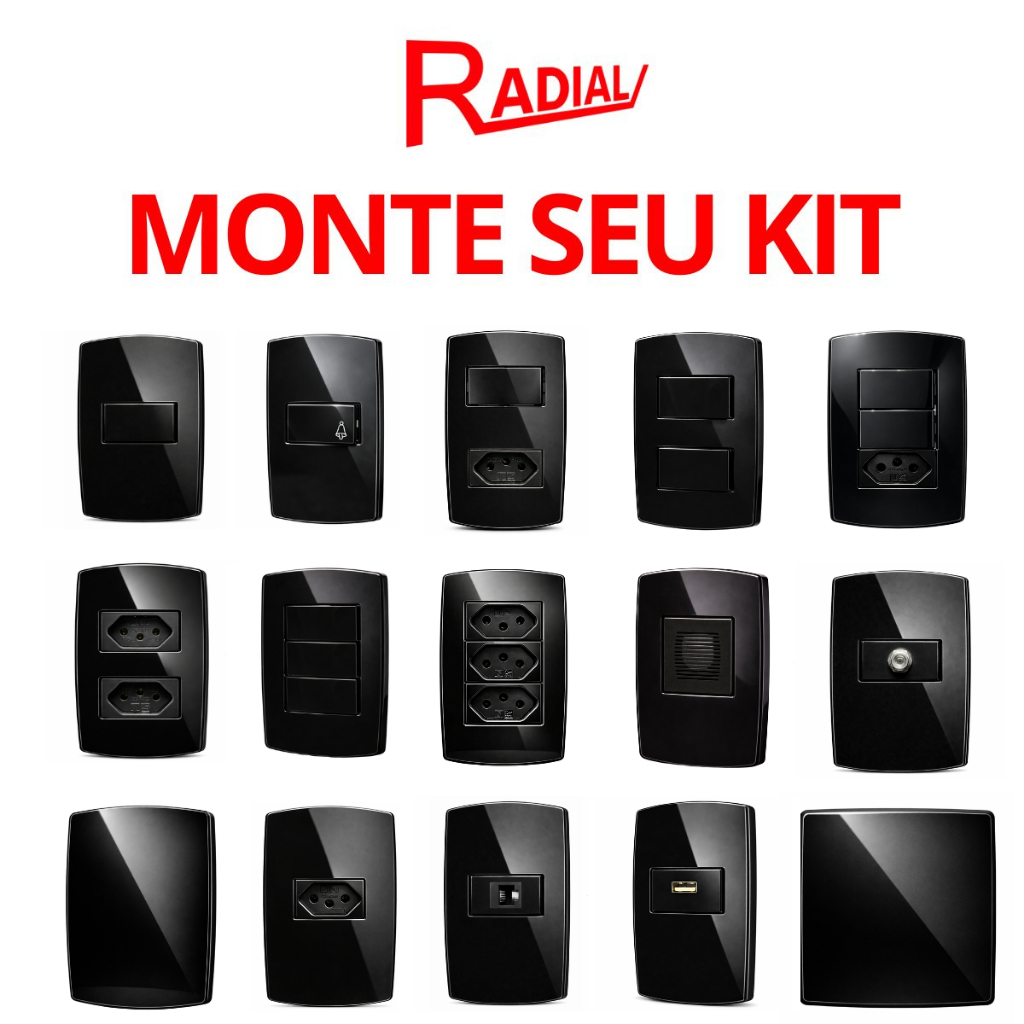 Tomadas Interruptores 4x2 10A/20A Radial Perola Negra Preto Brilhante Alta Qualidade