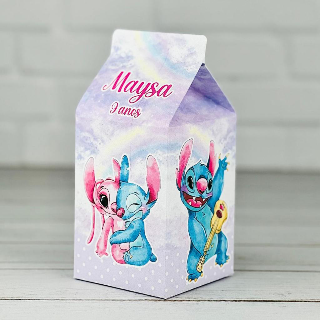 Caixinha Stitch e Angel | Caixa Milk Personalizada Com Nome | Mimos Aniversário Lembrancinhas Personalizados Kit Festa