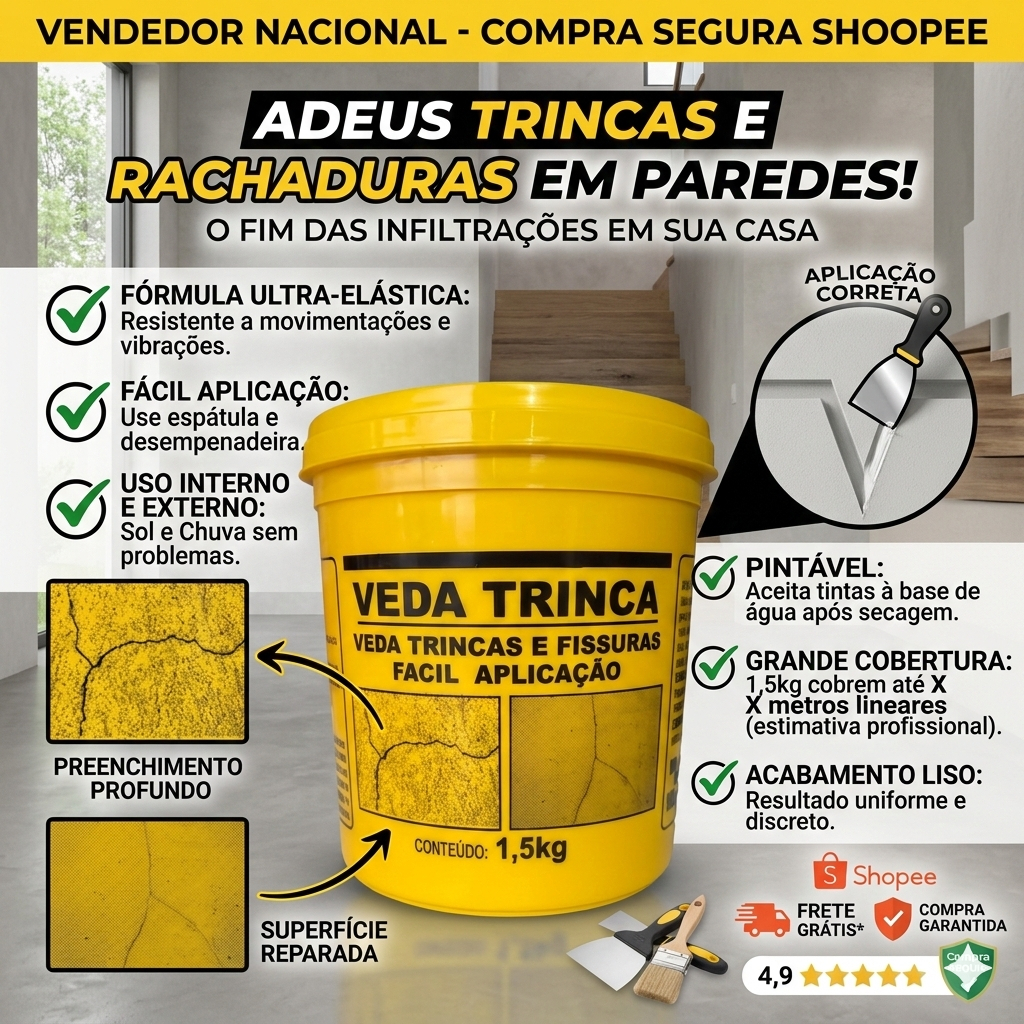 Veda Trinca 1,5kg Massa Flexível Acaba com Rachaduras e Fissuras em Paredes Lajes e Tetos Profissional