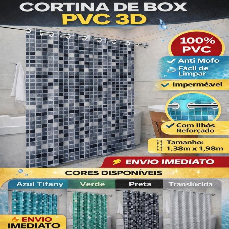 Cortina Box Banheiro Pastilhas Preta Verde 3D Azul Tiffany e 3D Translucida ou Diversas Cores PVC Antimofo Impermeável