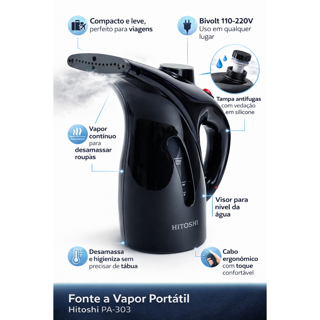 Ferro a Vapor Portátil Vaporizador e Passeira de de Roupas Bivolt