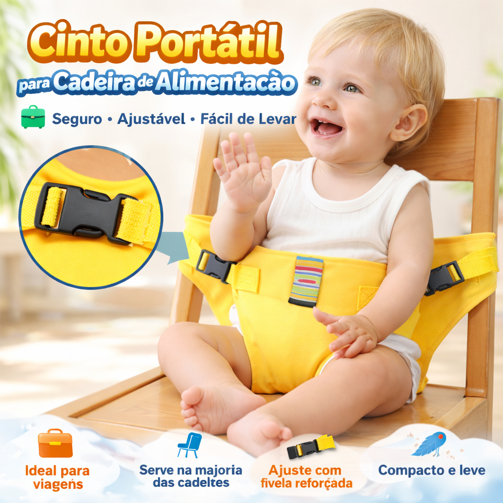 Cinto de Alimentação Infantil – Assento de Segurança Portátil para Cadeira – Ajustável e Compacto