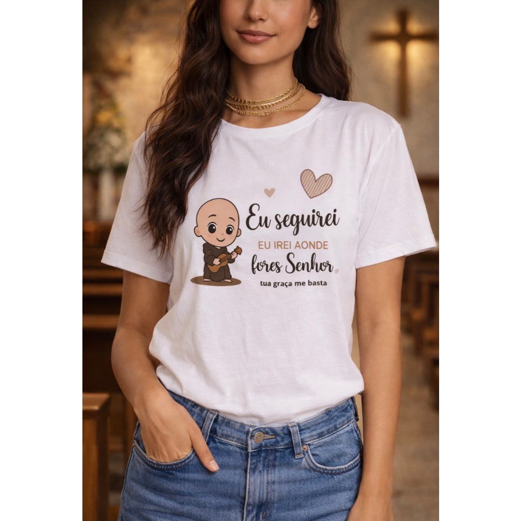 Camiseta Feminina Frei Gilson - Blusa Eu Seguirei, 100% Algodão Nossa Senhora  Papa João Paulo II / Colo de Mãe Oferta