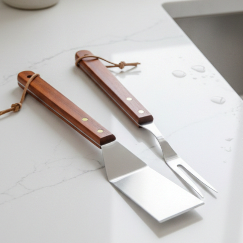Kit Churrasco 2 itens:  Garfo e Espátula em Aço Inox e cabo de madeira  para Churrasco