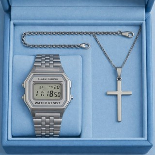 Kit Relógio Retrô + Corrente + Crucifixo Masculino Aço Inox + Pulseira – Oferta Imperdível em Oferta na Shopee