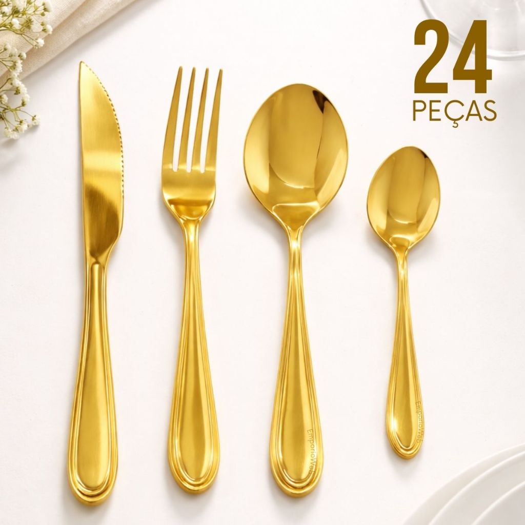 Jogo de 24 e 30 Peças Dourado De Aço Inox Talheres Mesa Posta Garfo Colher e Faca Desenhado e Liso