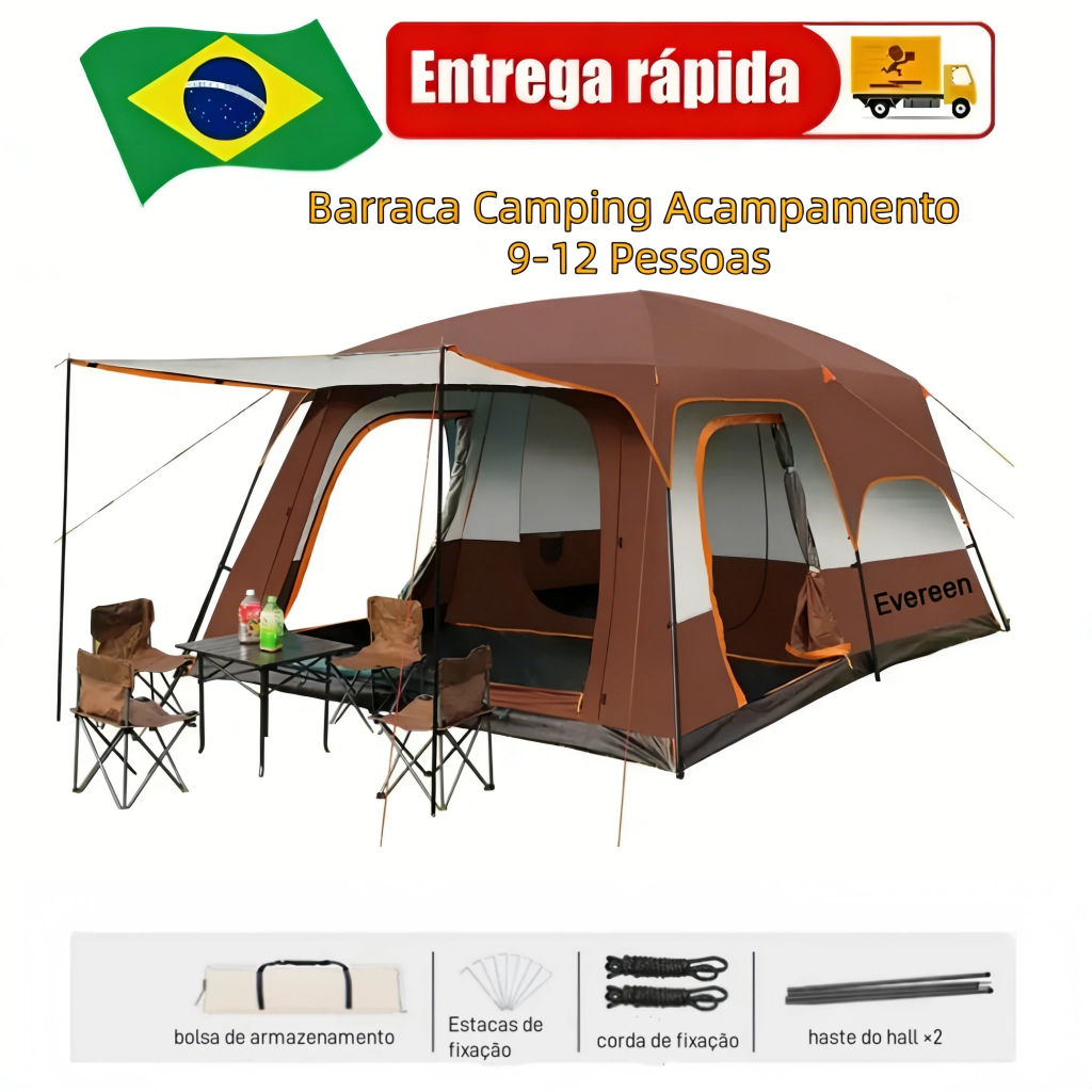 Barraca Camping Acampamento 9-12 Pessoas Grande Família Lux barraca com 2 quartos + 1 sala de estar