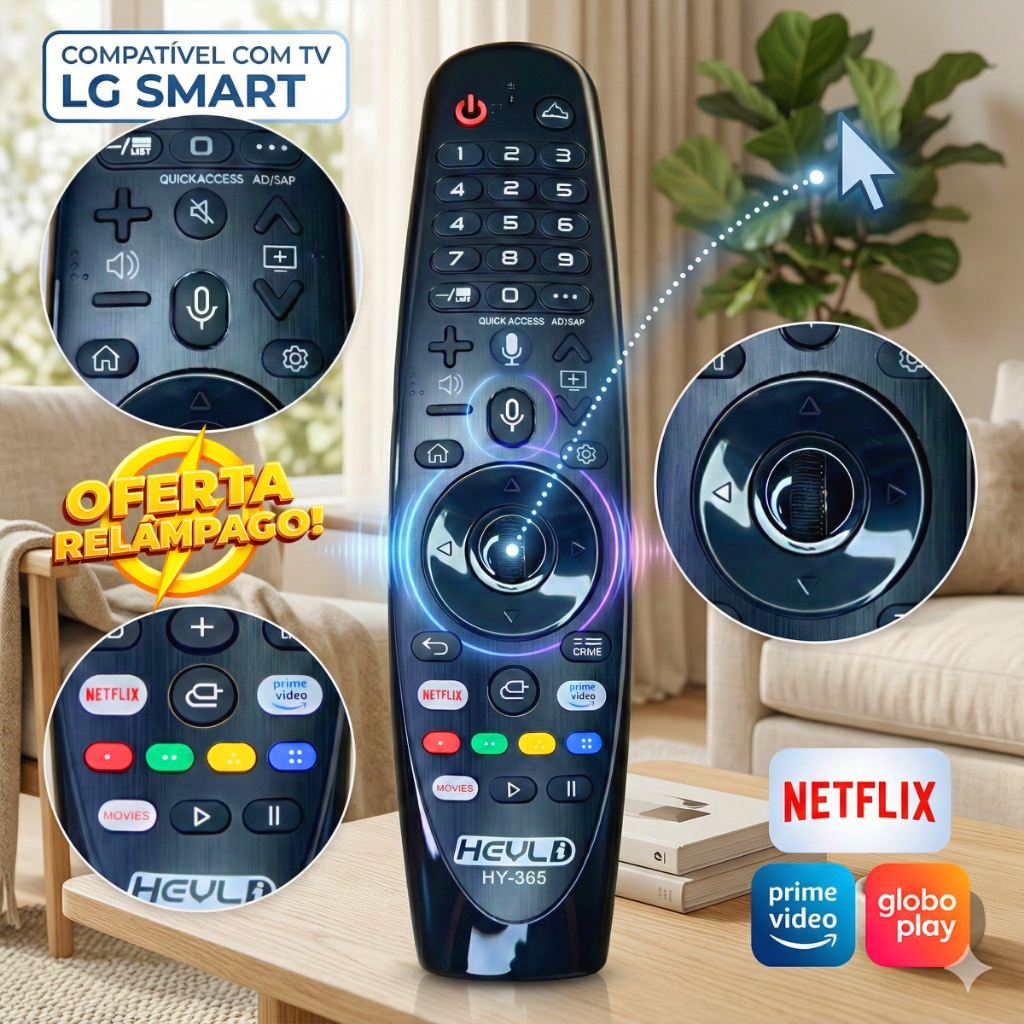 Controle Remoto Compatível LG Função Mouse e Comando de Voz para SMART TV / NETFLIX, PRIME VIDEO HY-355