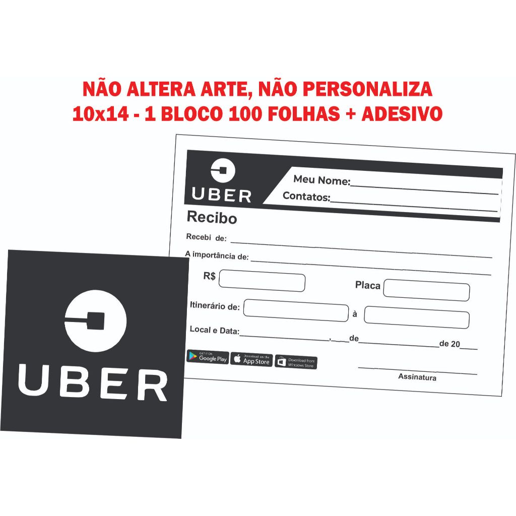 Kit uber Recibo 10x14 e Adesivo (01 talão uber 100folhas e 01 adesivo vinil 10x10)