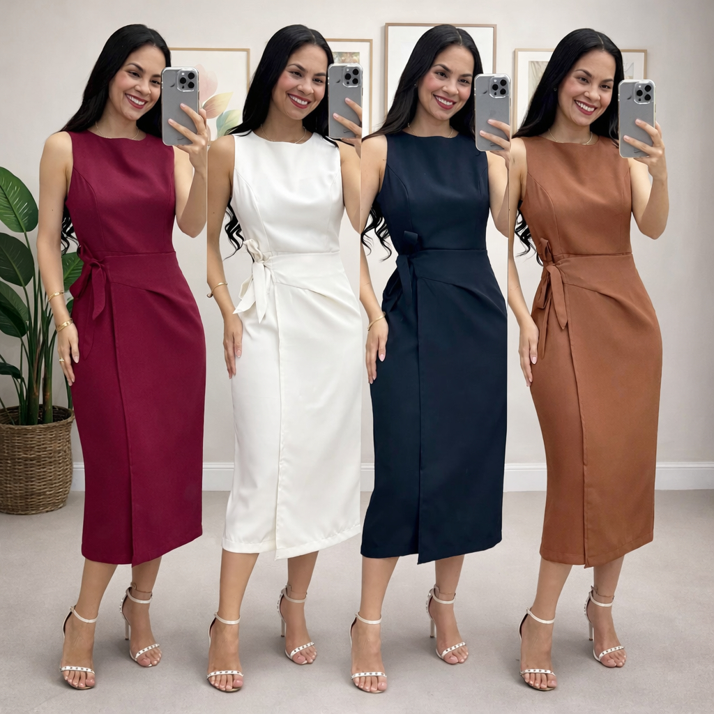 Vestido Feminino Alfaiataria Midi com Amarração Lateral Elegante em Oferta na Shopee