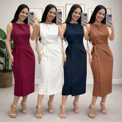 Vestido Feminino Alfaiataria Midi com Amarração Lateral Elegante