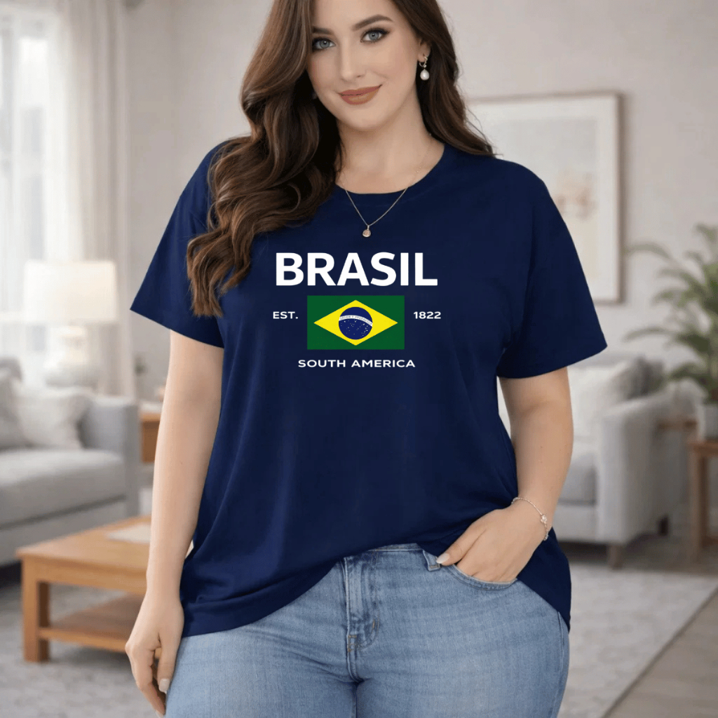 Camiseta Feminina Plus Sise Estampada Brasil America Blusa 100% Algodão Do P ao GG Tamanho Normal, do G1 Ao G5 Plus Sise