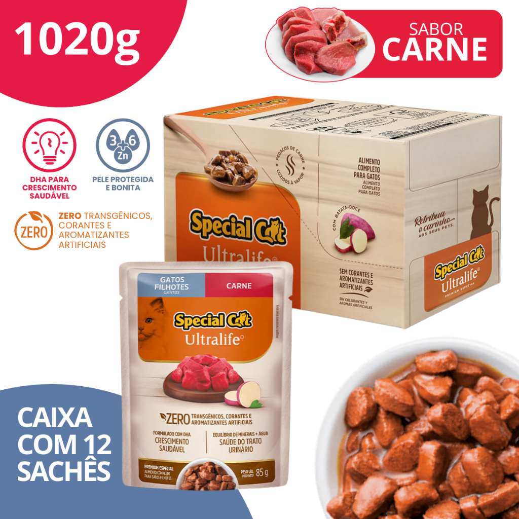 Caixa 12 Sachê Special Cat Ultralife Filhotes Sabor Carne - 85g