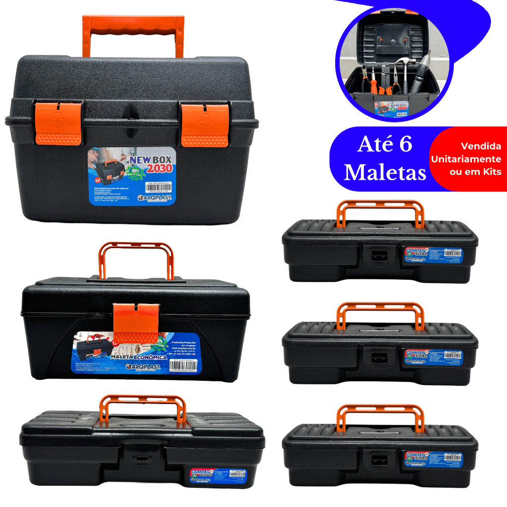 Kit até 6 Maletas Ferramentas Caixas Reforçadas Pequena Grande Caixa Mecânico Reforçada