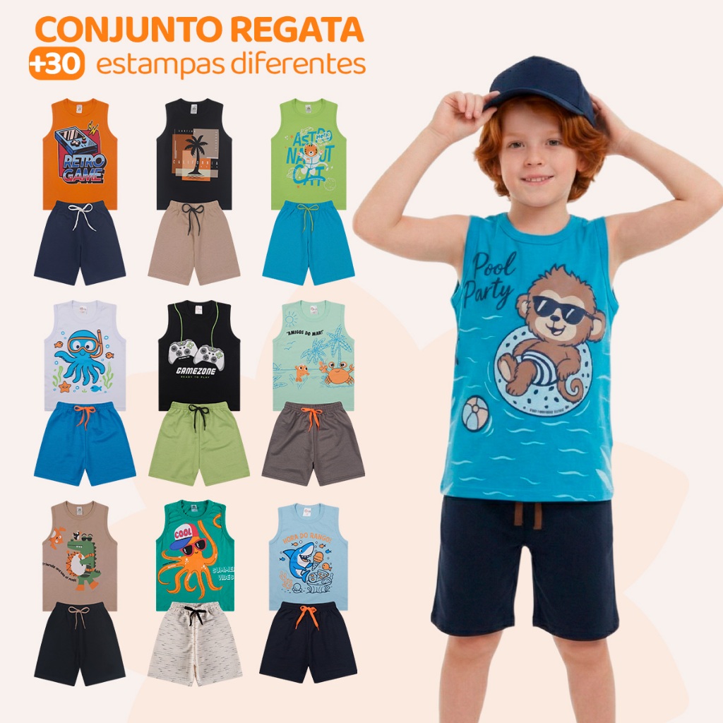 Kit 6 ou 8 Peças de Conjunto Regata para Meninos Infantil Masculino Bermuda e Camiseta Regata De Algodão