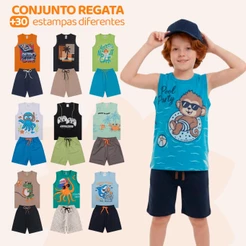 Kit 6 ou 8 Peças de Conjunto Regata para Meninos Infantil Masculino Bermuda e Camiseta Regata De Algodão