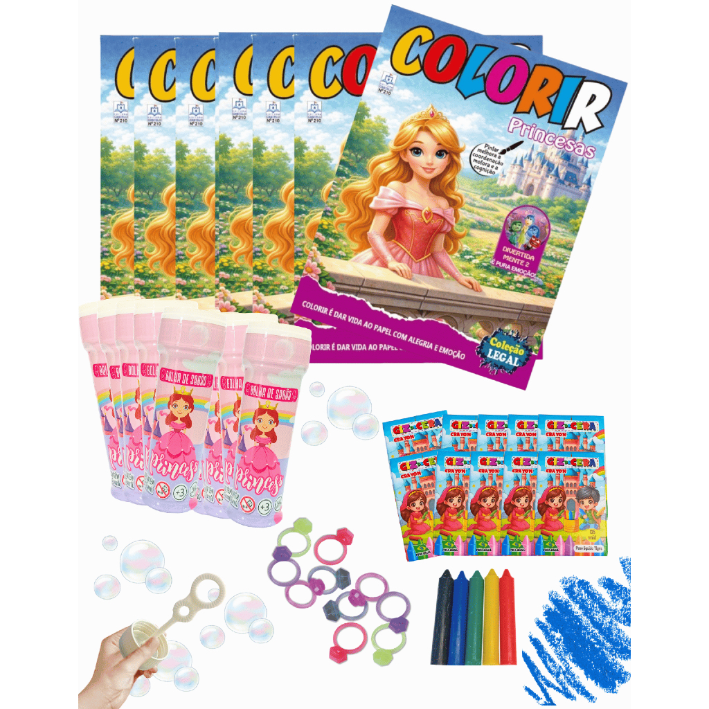Kit 10 Bolha de Sabão + 10 Livro de Colorir + 10 Giz de Cera + 10 Anéis Lembrancinhas de aniversário Infantil