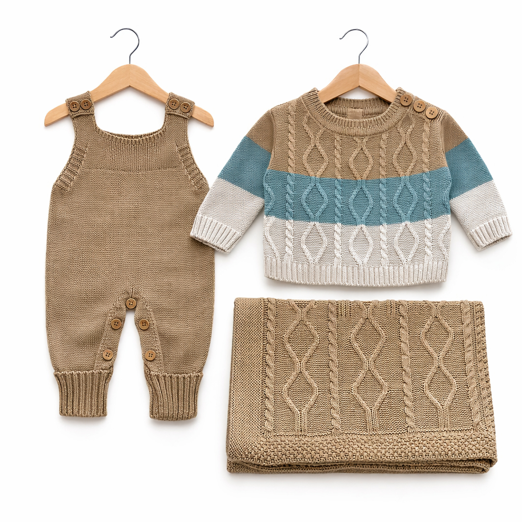 CONJUNTO BEBE MENINO EM TRICOT SAÍDA DE MATERNIDADE RN BLUSA, SALOPETE VIRA PÉ E MANTA em Oferta na Shopee