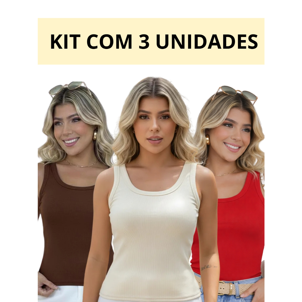 Kit 3 Regatas Caneladas Premium Femininas Gola Redonda Básica Lisa Elegante Slim Casual Verão