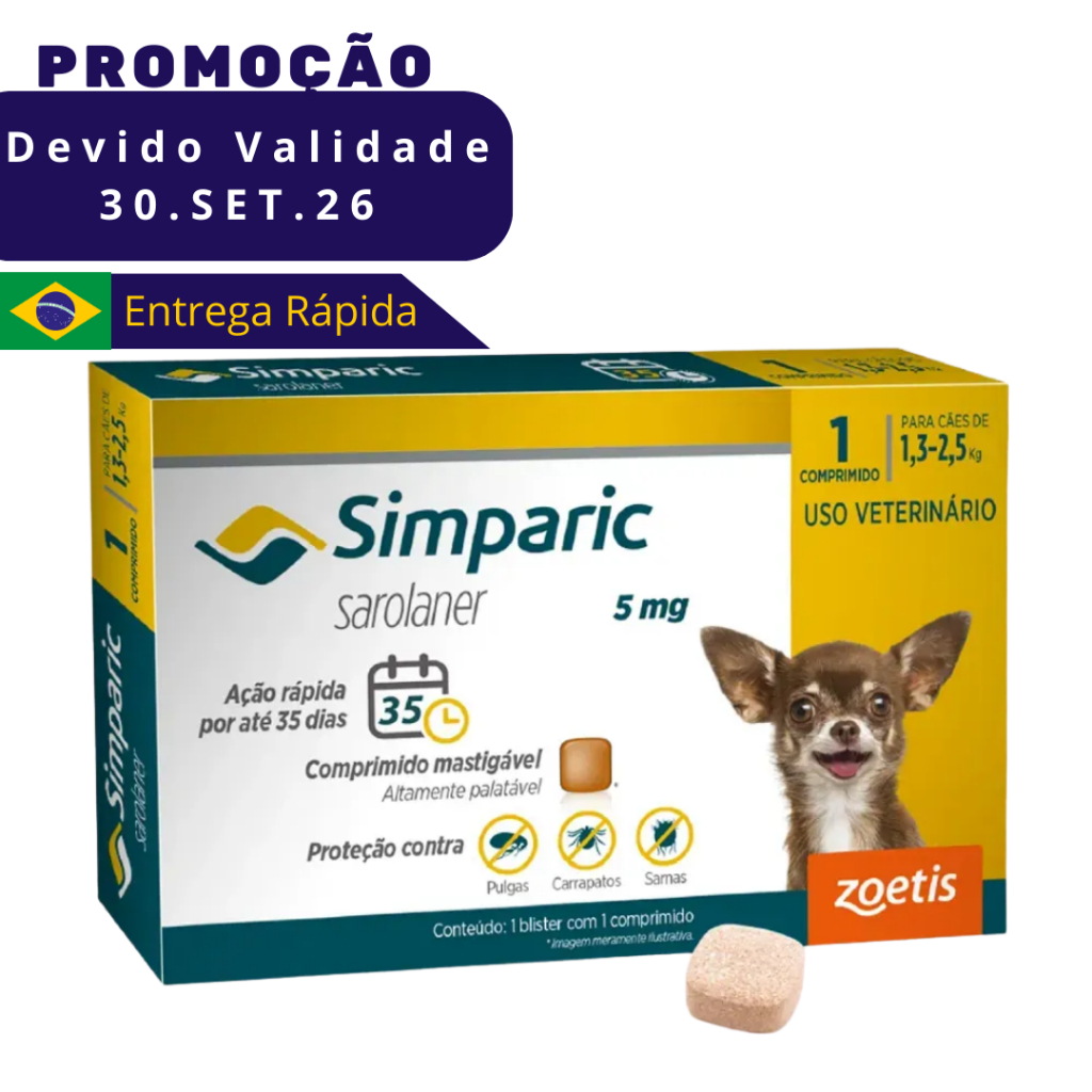 Simparic Para Cães 1,3 A 2,5 Kg (5 mg) - 1 Comprimido VENC SET26 em Oferta na Shopee