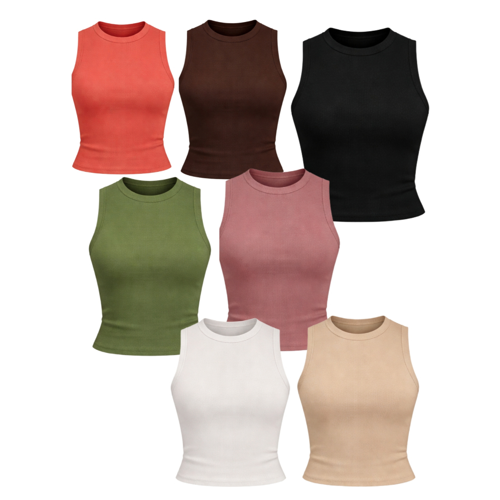 Kit Com 7 Cropped Regata Canelada Regatinha Blogueira Top Nadador - Cores Sortidas