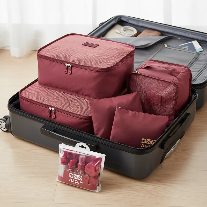 Kit Organizador de Malas + Frascos de Viagem 7 pcs