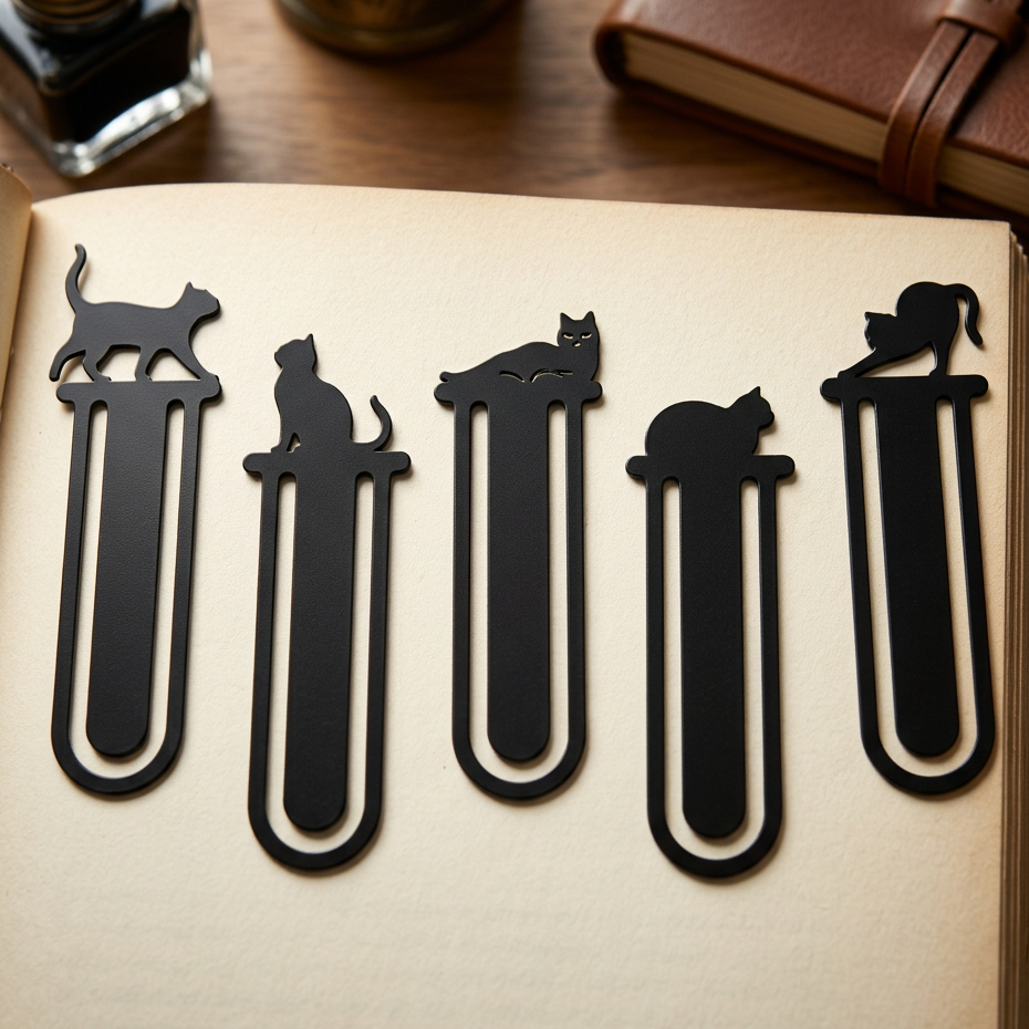 Marcador Página Kit 5 Gato Cats Livro Revista Caderno Personalizado Leitura Criativo Presente Personalizado Preto
