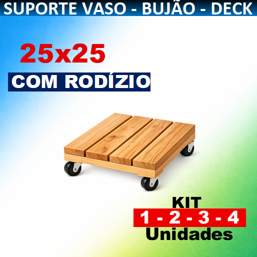 Suporte madeira 25x25cm para Vaso, Gás de Cozinha Bujão (IDEAL), Modular, Rodízio Kit 1 a 4 Unidades