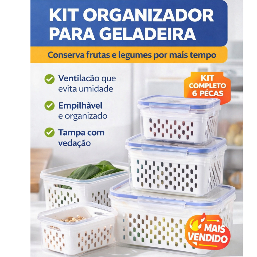 Kit 3 Potes Herméticos Organizador Geladeira com Cesto Frutas Legumes