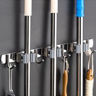 Suporte Inox Multiuso de Parede - Gancho para Vassoura, Rodo e Pá, Organize sua Cozinha!