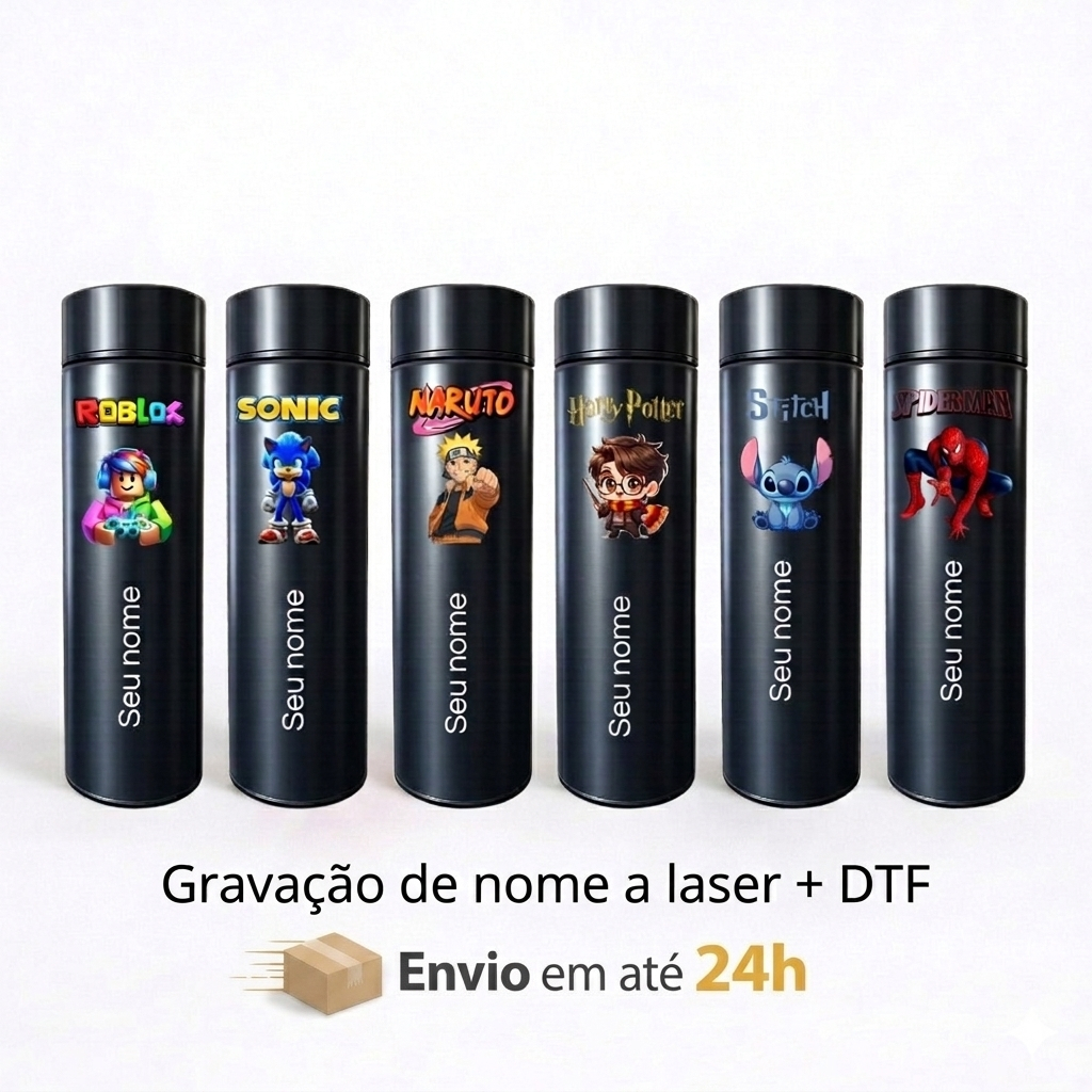 Garrafa Térmica Infantil Digital LED com display de temperatura 500ml Personalizada Personagens