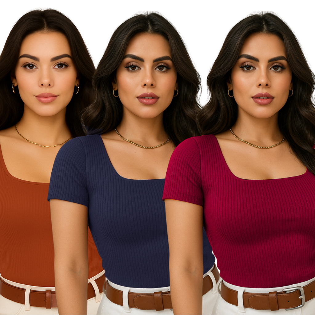 Kit C/ 3 Blusa Canelada Blusinha Feminina Decote Quadrado Básica Tendência Manga Curta Plus Size em Oferta na Shopee