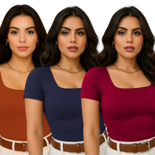 Kit C/ 3 Blusa Canelada Blusinha Feminina Decote Quadrado Básica Tendência Manga Curta Plus Size em Oferta na Shopee