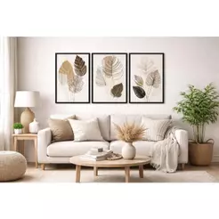 Kit 3 Quadros Decorativos Folhagem Folhas Neutro Moderno Mosaico Sala Quarto Escritório