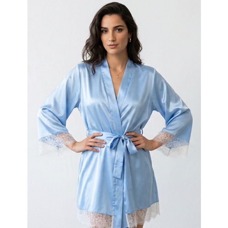 Robe de Cetim Azul Claro com Renda Premium para Lua de Mel