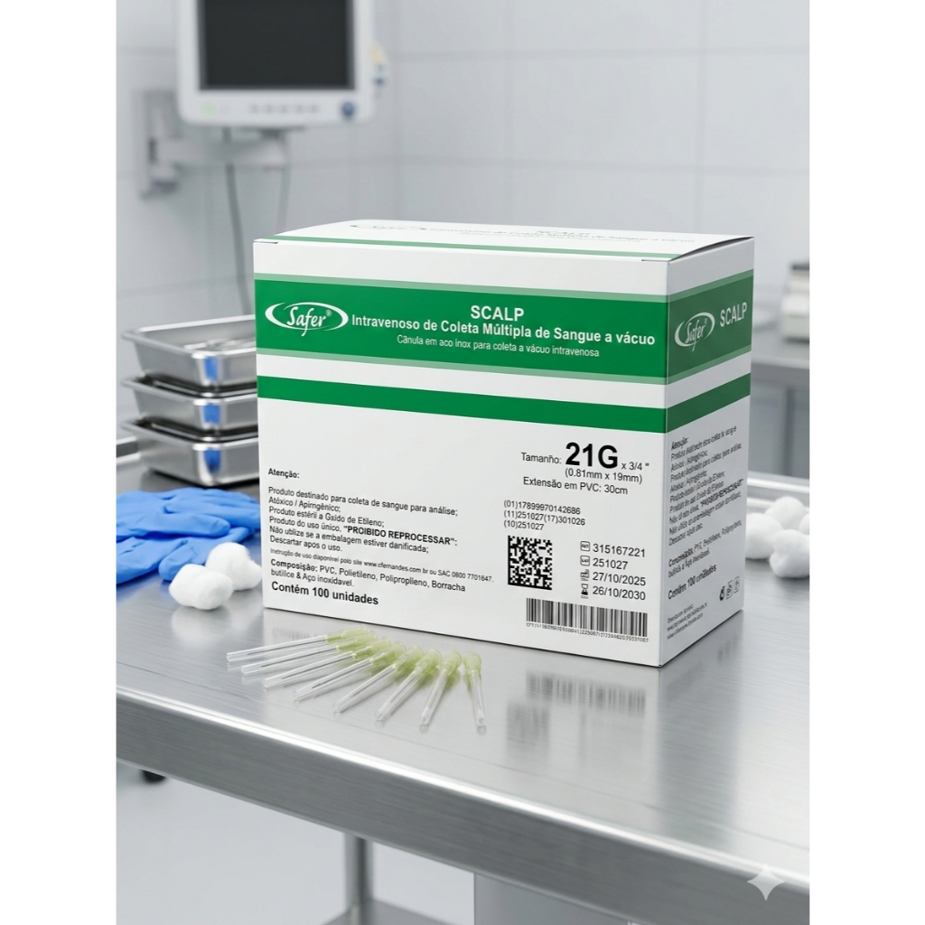 Agulha Scalp 21G 0,81mm x 19mm Estéril Descartável Para Coleta de Sangue
