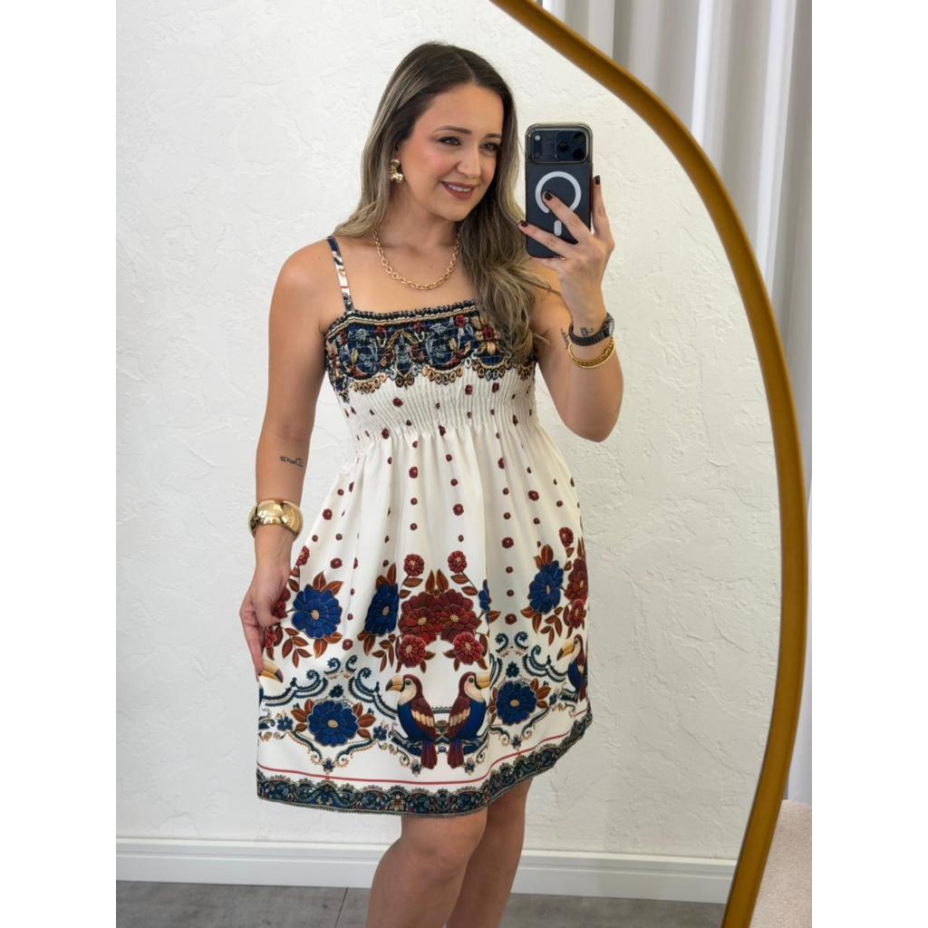 Vestido Feminino Curto Estampado Com Alça De Regulagem e Elastex em Oferta na Shopee
