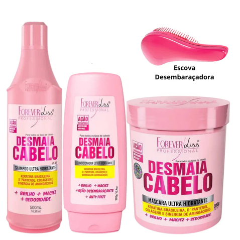 Forever Liss Kit Desmaia Cabelo Shampoo 500ml + Condicionador 300g + Máscara 950g + Escova Rosa