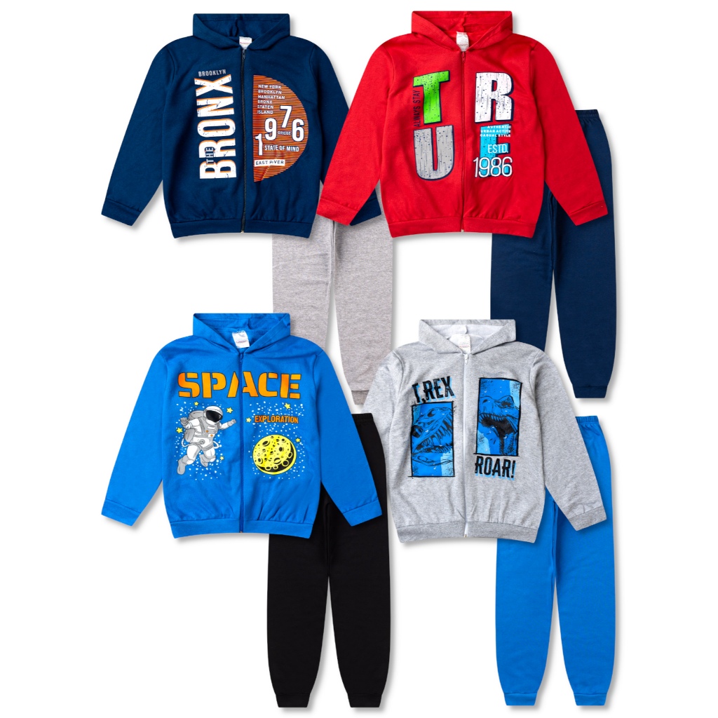 4 Conjuntos Moletom Juvenil Masculino Roupa Menino Inverno 8 Peças - 4 Jaquetas e 4 Calças