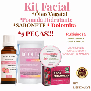 Kit Skin Care Óleo Vegetal Rosa Mosqueta 30ml + Sabonete 90g + Dolomita 200g+ Pomada 20g+ Pipeta (5PEÇAS) em Oferta na Shopee