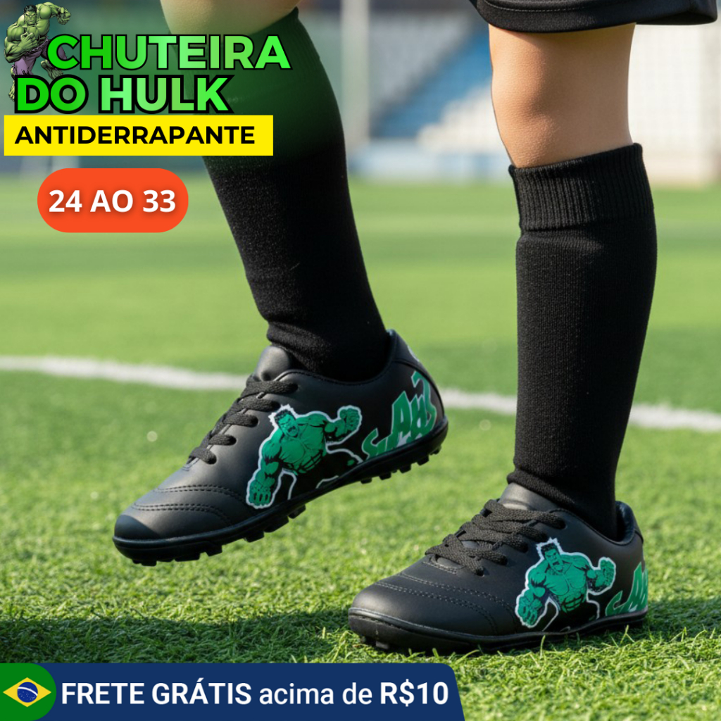 Chuteira Infantil Estilo Hulk Verde Society e Futsal Presente Perfeito Antiderrapante ENVIO IMEDIATO
