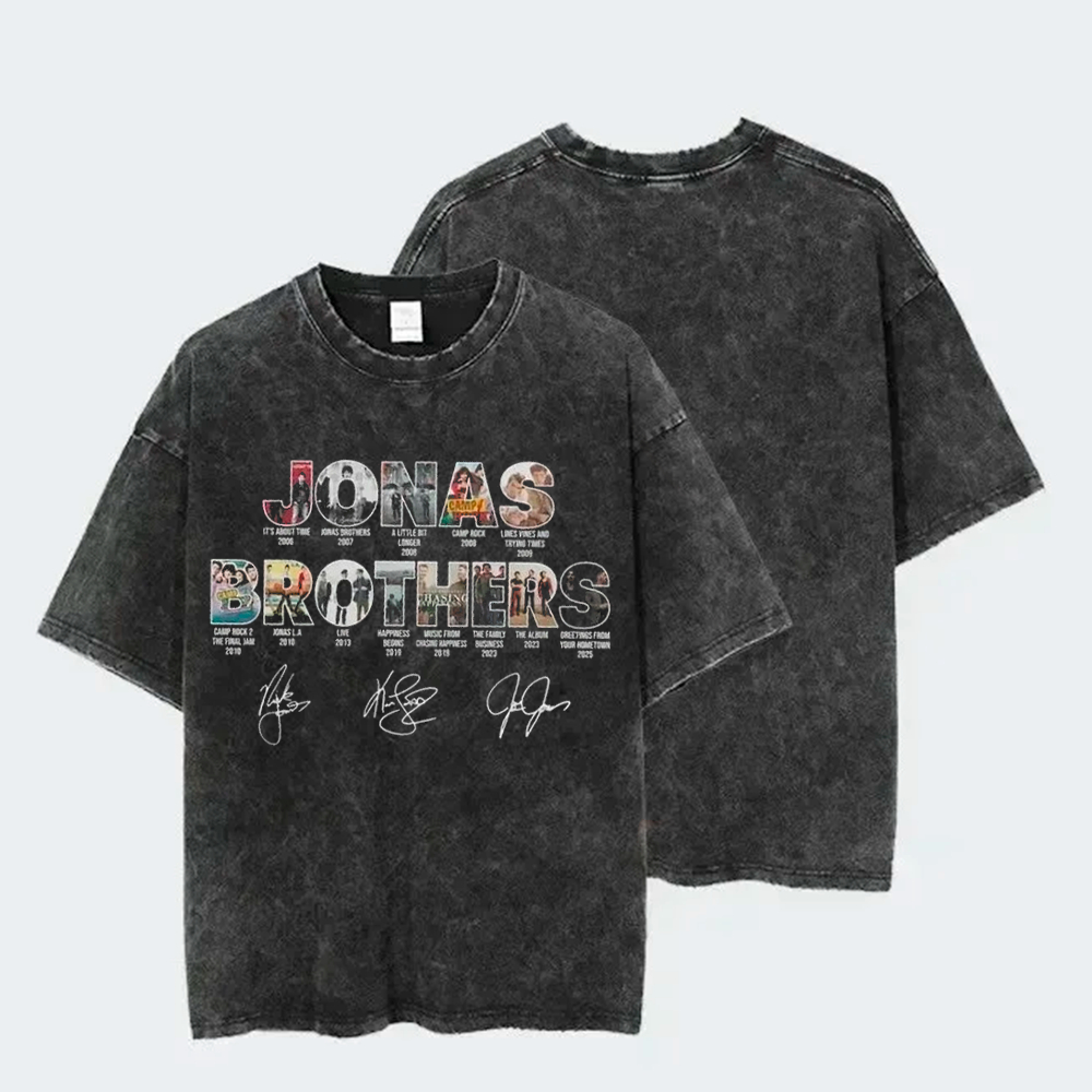 Camiseta Estonada Jonas Brothers Kevin Joe Nick Autografos Tour 20 anos Albuns Pop Rock Concert Tee em Oferta na Shopee