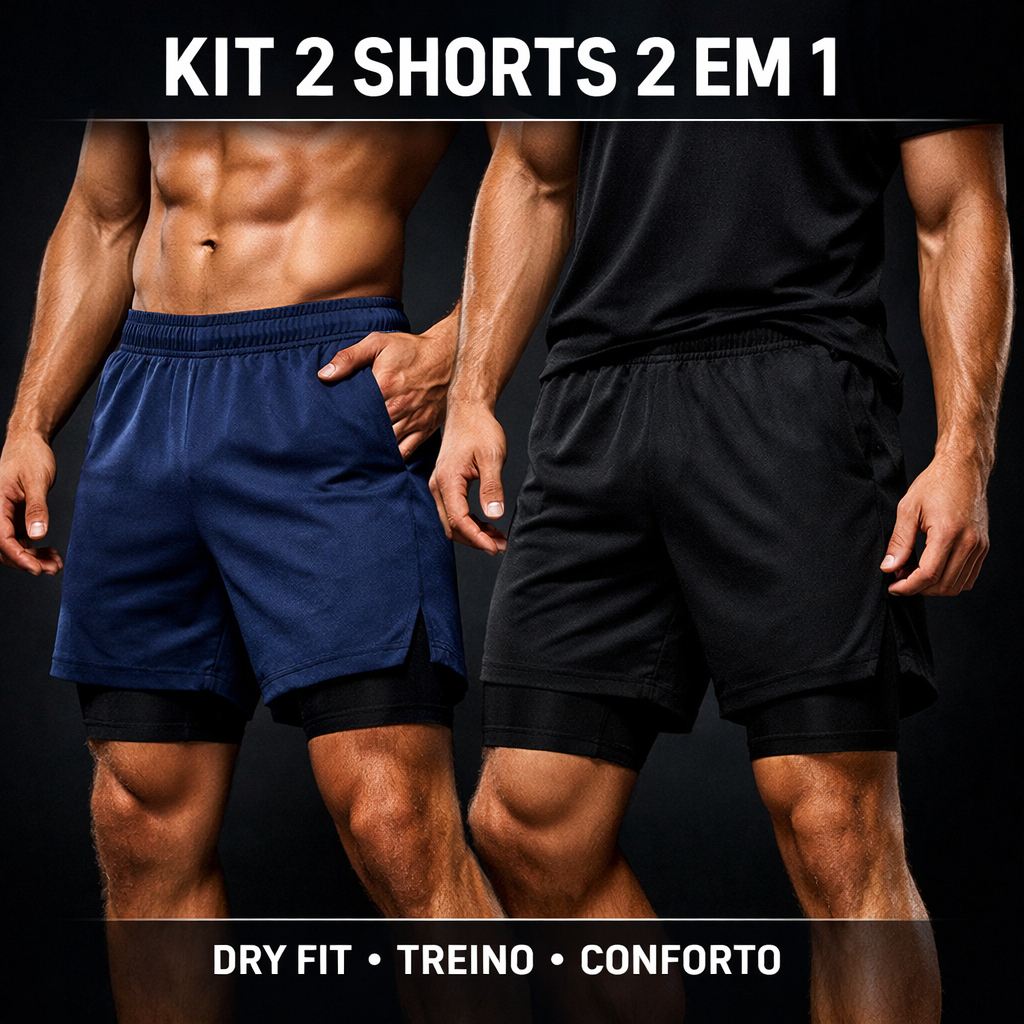 KIT 2 Shorts Dry Duplo Bermuda 2 em 1 Academia Masculina Treino Corrida Esportes