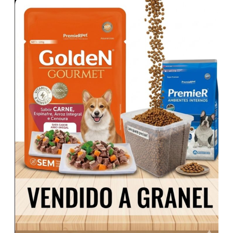 Kit Ração Premier A Granel Ambientes Internos Cães Castrados Frango e Salmão 1Kg + 1Ração úmida Golden Gourmet Carne 85G