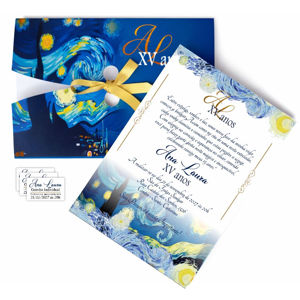 Convite Noite Estrelada de Van Gogh Aniversário 15 anos com Envelope Personalizado Convite Pergaminho