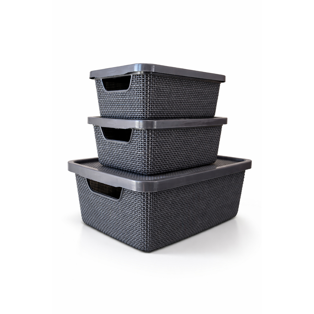 Kit 3 Caixas Organizadoras Multiuso com Tampa Preta 2 e 6 Litros