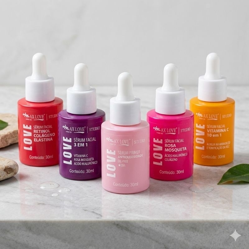 Sérum Facial Max Love Original 30ml - Vitamina C, Rosa Mosqueta, Retinol, 3 em 1, Primer Anti-oleosidade.Pronta entrega!