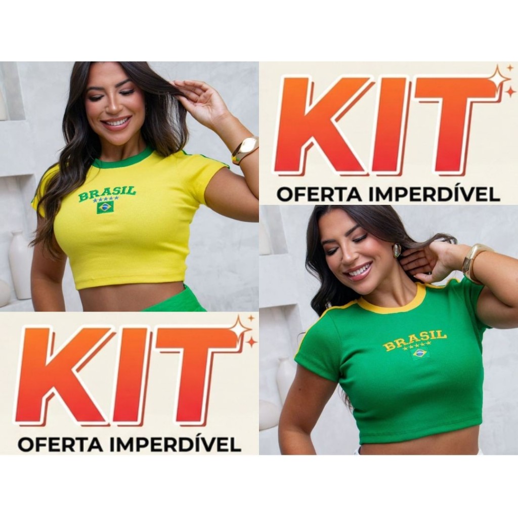 Kit 2 Cropped do Brasil Manga Ribana Canelada Sem Bojo Copa do Mundo Bordado Casual Confortável 2026