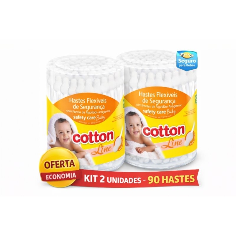 Kit 2 Cotonetes Baby Cotton Line – 90 Hastes Flexíveis de Segurança Antigerme para Bebês