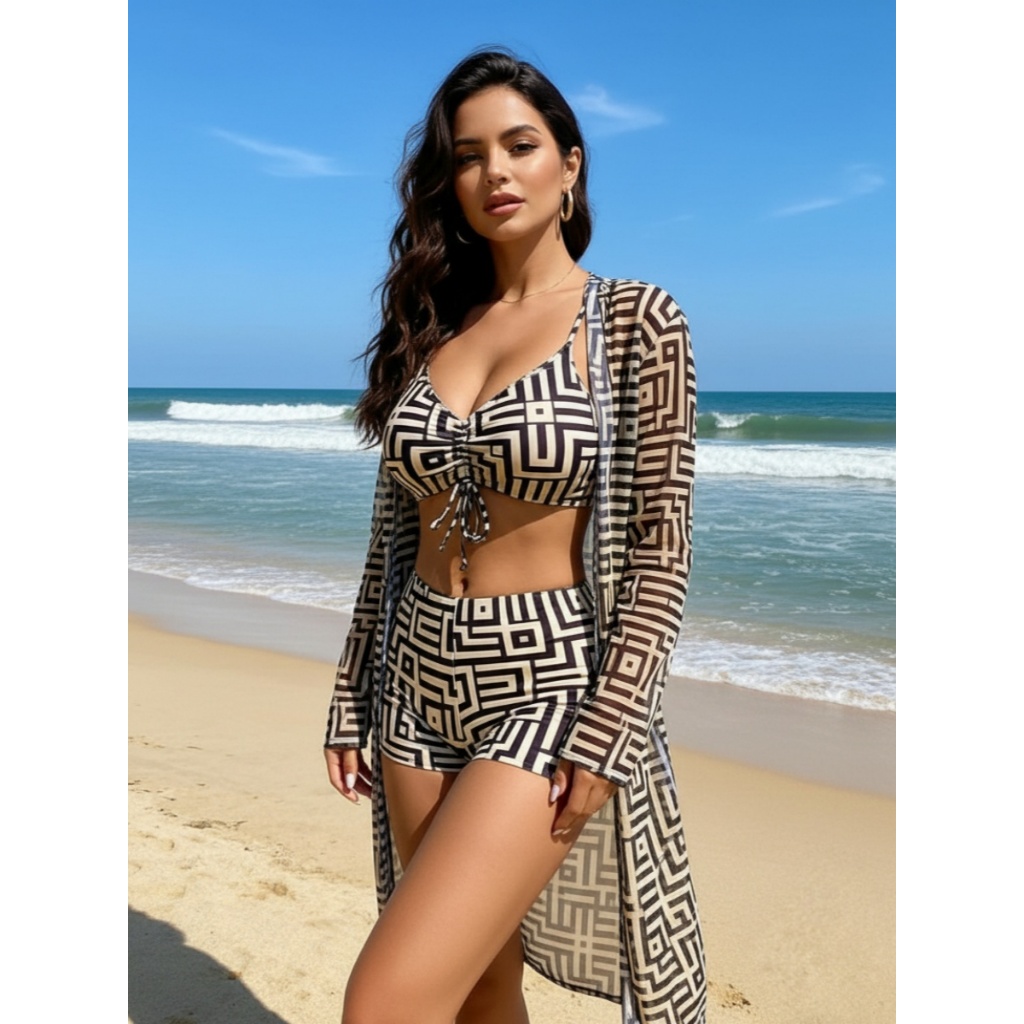 Biquíni Conjunto 3 Peças Feminino Cadarço com Franzido Kimono Short Top Saída De Praia
